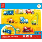 Puzzle din lemn cu butoni - Autovehicule de constructie