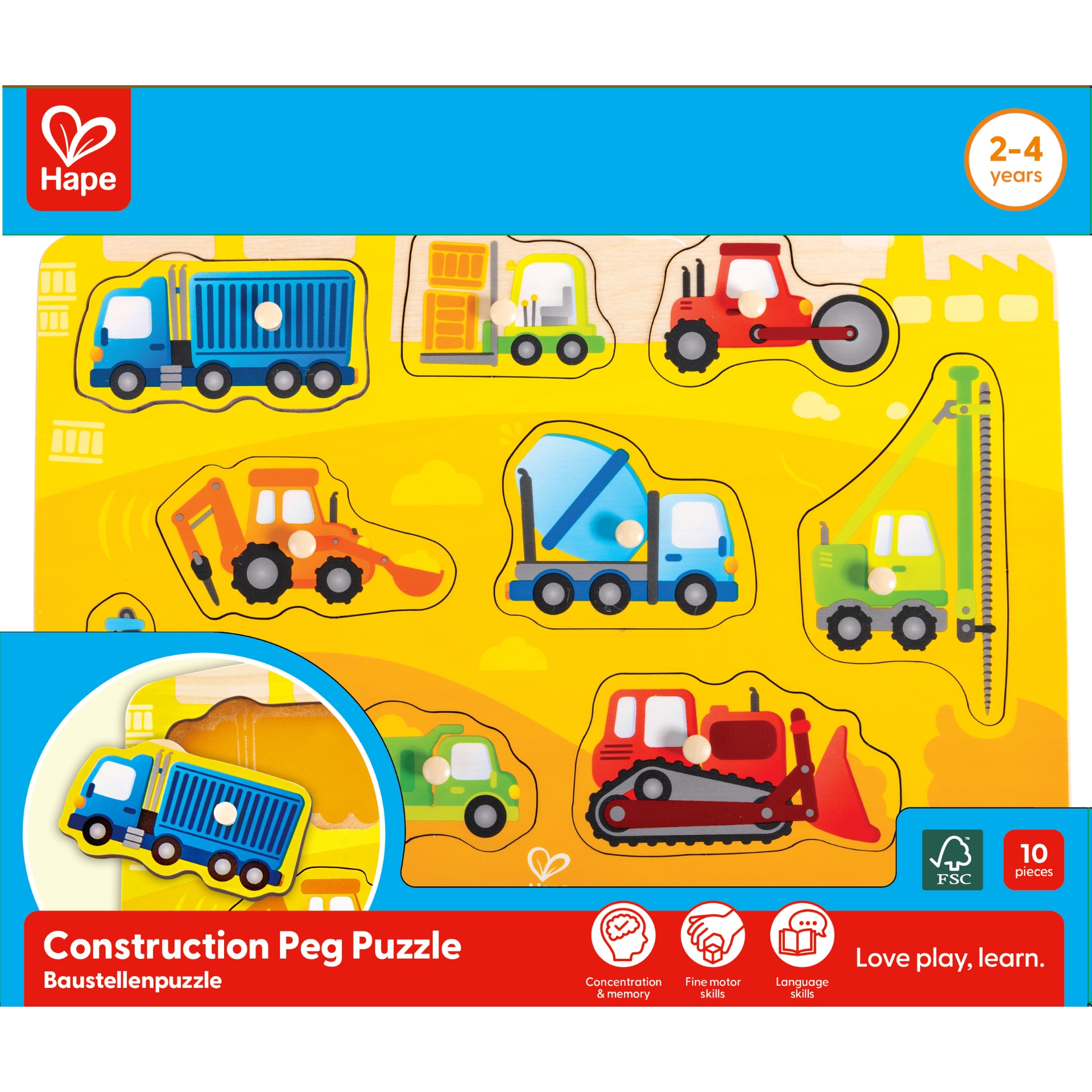 E1407_22 Puzzle din lemn cu butoni - Autovehicule de constructie - imagine 1