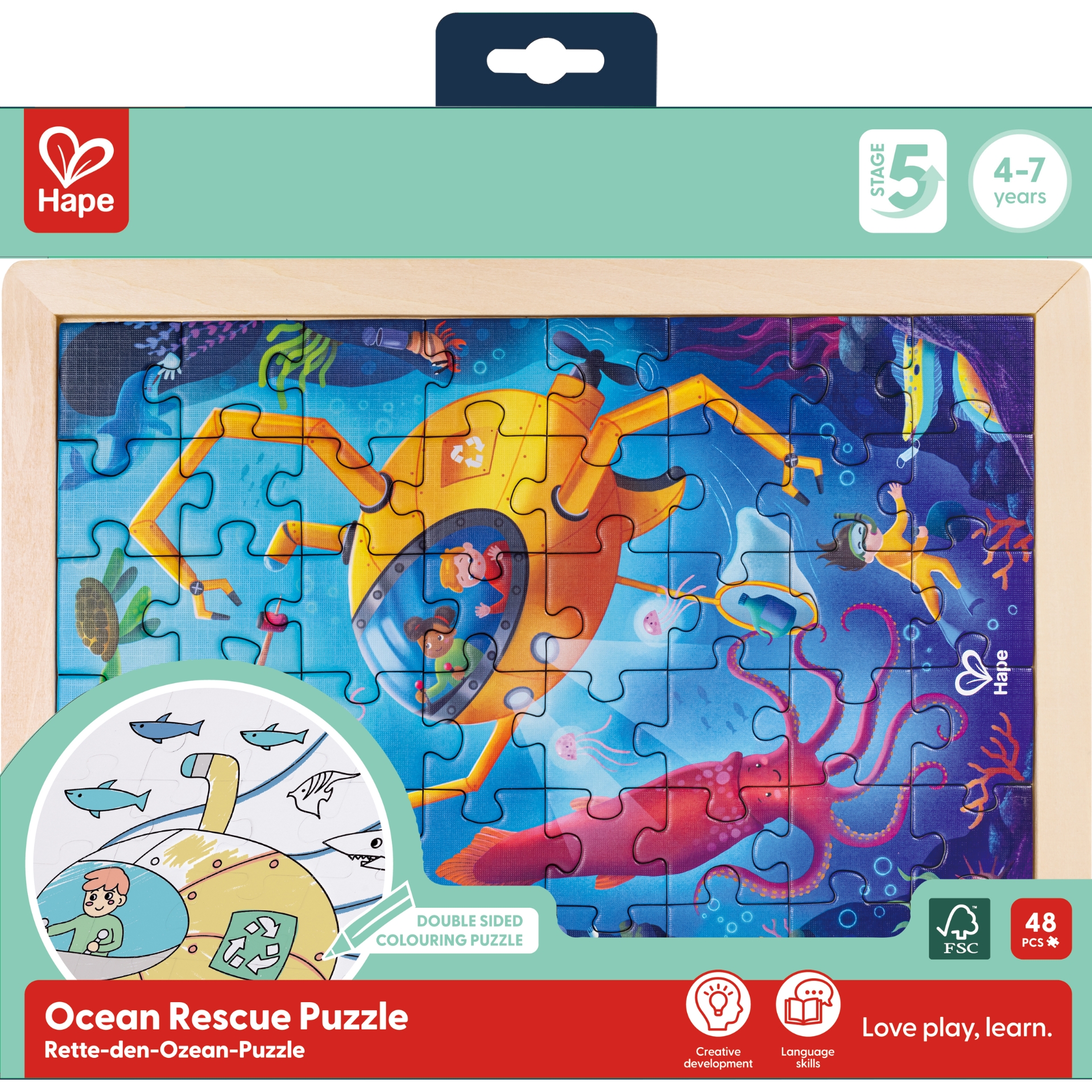 E1643_22 Puzzle din lemn 2 in 1 - Salvarea Oceanului (50 piese), cu fata dubla si activitate colorare - imagine 1