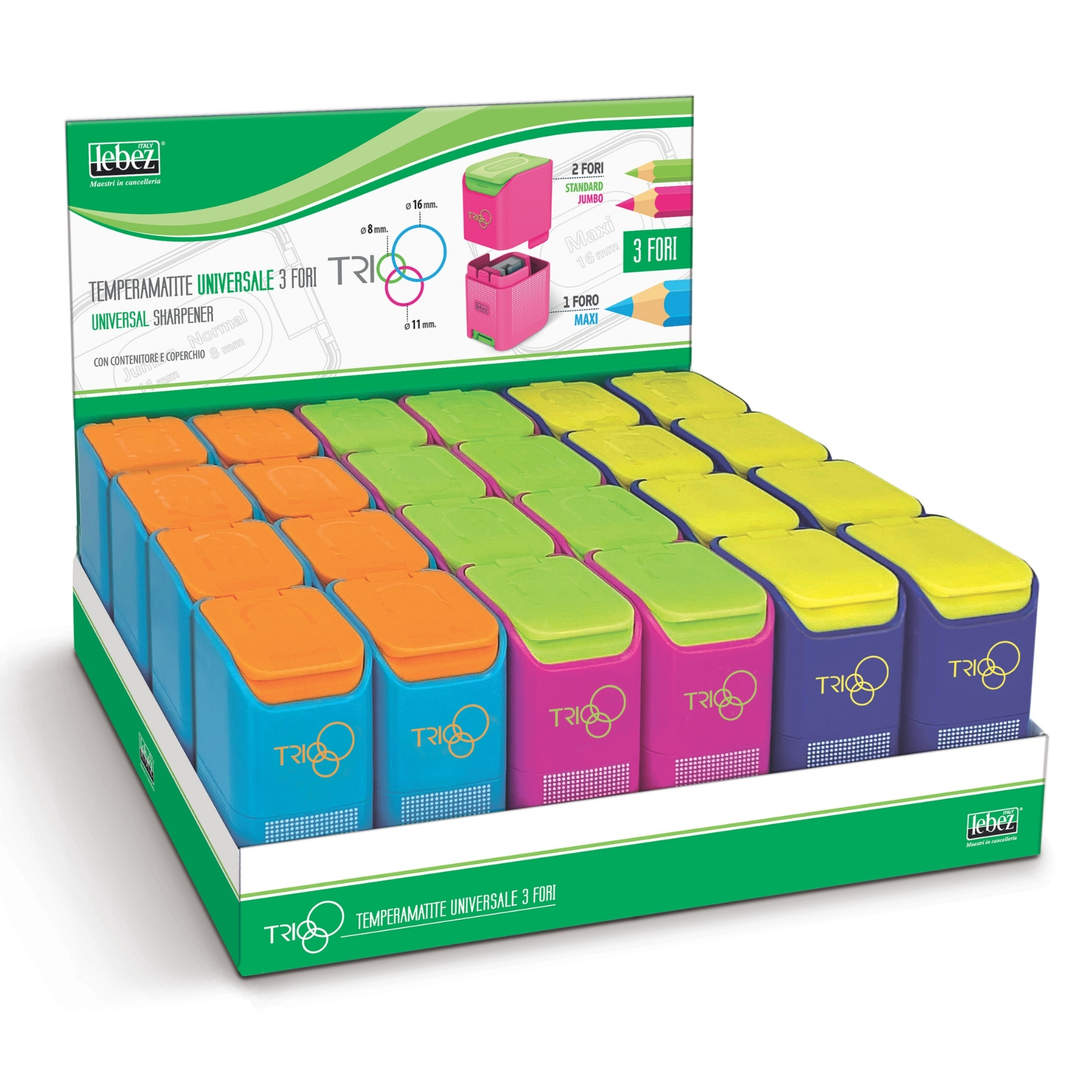 81110 Ascutitoare de creion cu 3 gauri, Trio, cu container, 3 culori (24 buc/display) - imagine 1